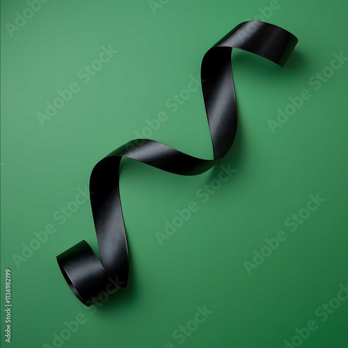 a black ribbon going on the green plain studio background falt lay angle photo