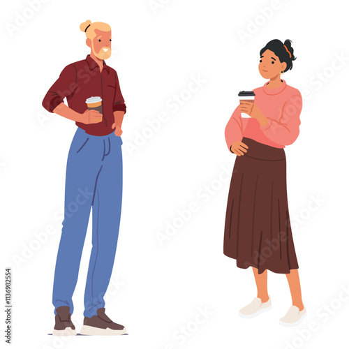 Hipster man young woman cartoon good friends characters drinking takeaway coffee isolated on white