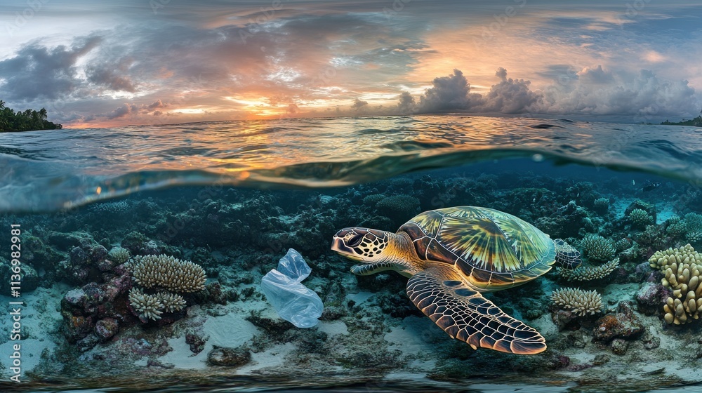 Fototapeta premium Sea turtle near plastic bag in ocean at sunset.