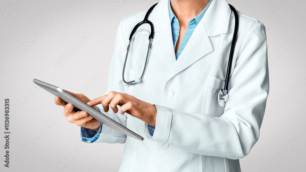 Modern technologies in medicine. Smiling adult woman doctor looking medical history in tablet, isolated on light background, studio shot Modern technologies in medicine. Smiling adult woman doctor looking medical history in tablet, isolated on light background, studio shot