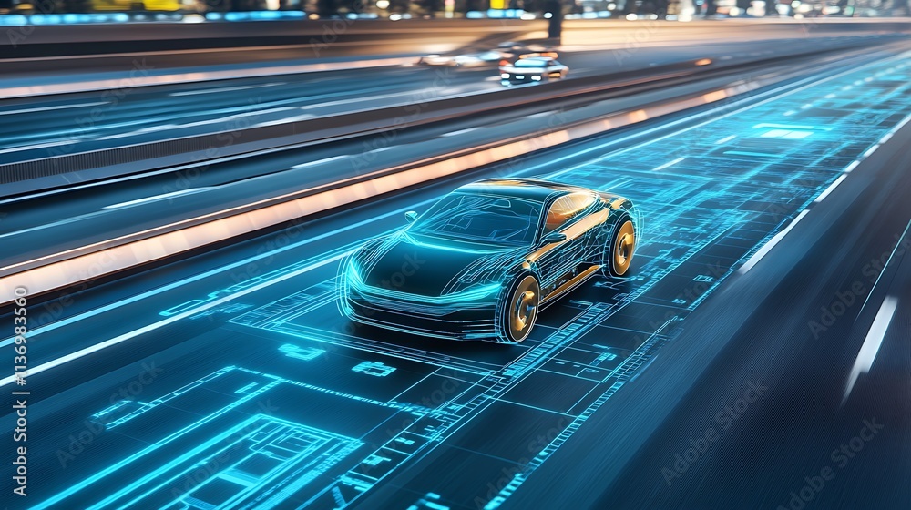 Futuristic Car Driving on a Digital Highway at Night Futuristic Car Driving on a Digital Highway at Night