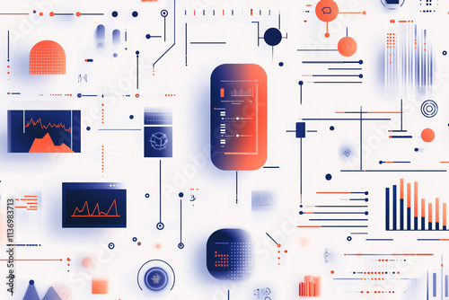 Minimalist infographic with charts graphs and futuristic orange and blue data visualizations on a white background
