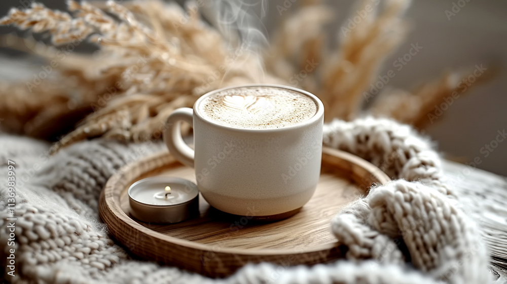 Cozy cup of steaming coffee resting on a wooden tray by soft textures Cozy cup of steaming coffee resting on a wooden tray by soft textures