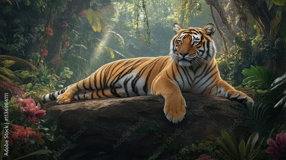 Majestic Tiger Relaxing in Lush Jungle Environment Surrounded by Flora Majestic Tiger Relaxing in Lush Jungle Environment Surrounded by Flora
