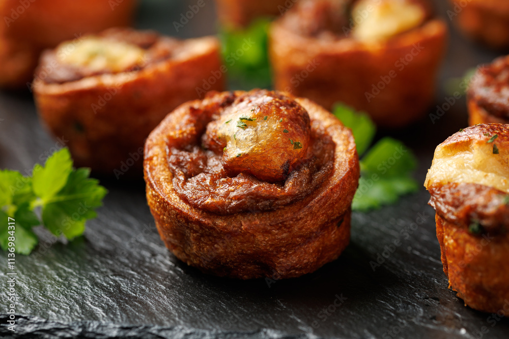 Mini Yorkshire puddings with shredded beef and gravy Mini Yorkshire puddings with shredded beef and gravy