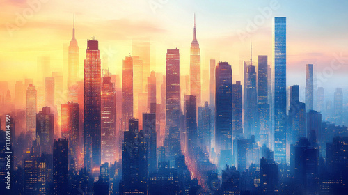 A detailed cityscape background featuring a mix of glass skyscrapers and historic buildings