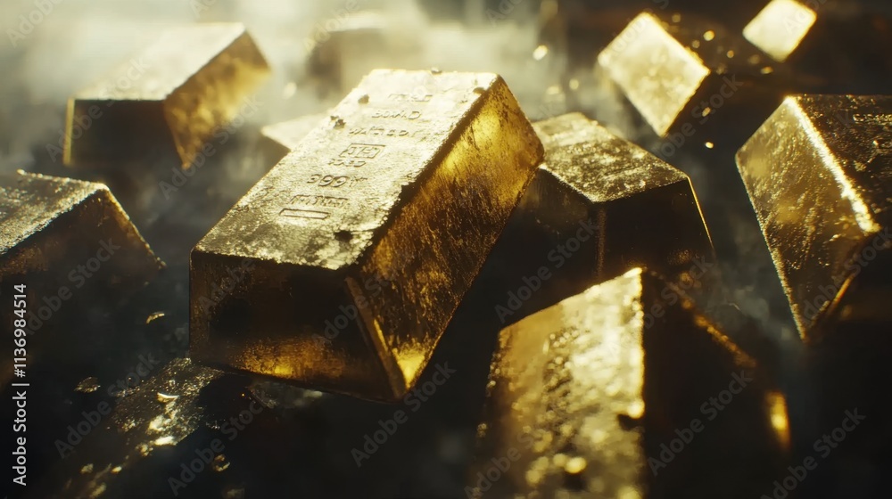 Glimmering Gold Bars Surrounded by Mist and Soft Light Glimmering Gold Bars Surrounded by Mist and Soft Light