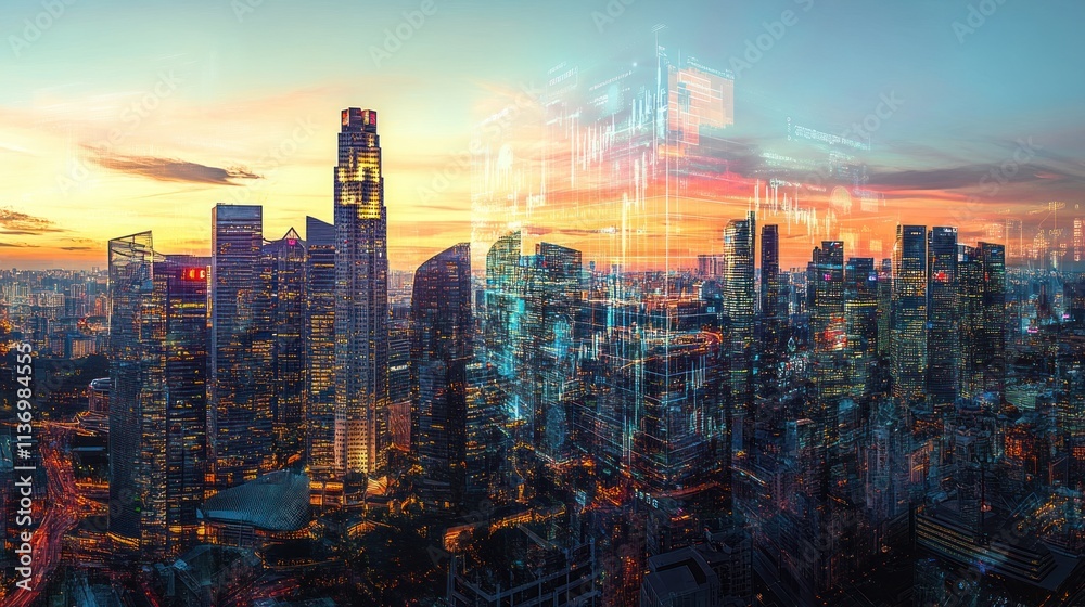 Fototapeta premium Cityscape sunset with superimposed financial data.