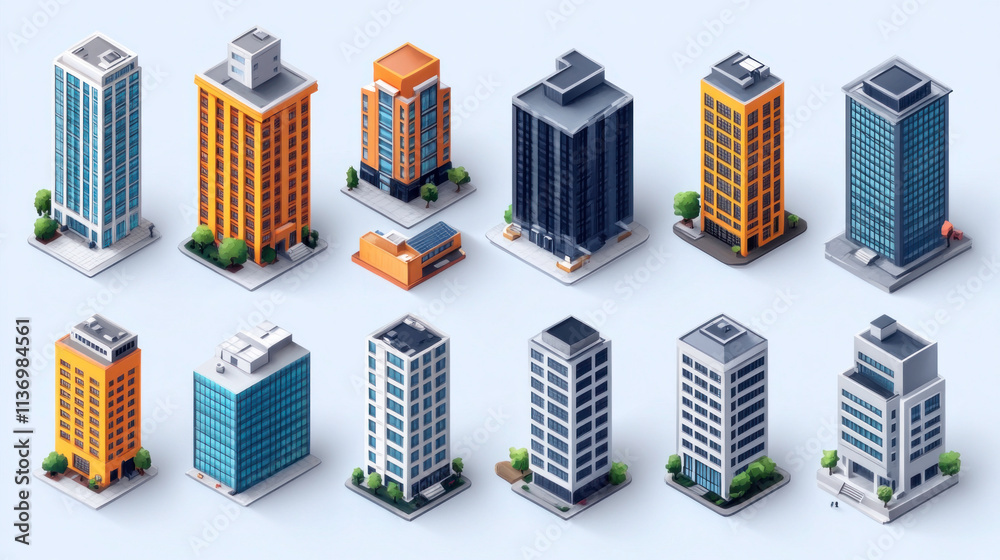 A flat set of building icons including skyscrapers, houses, and industrial structures A flat set of building icons including skyscrapers, houses, and industrial structures