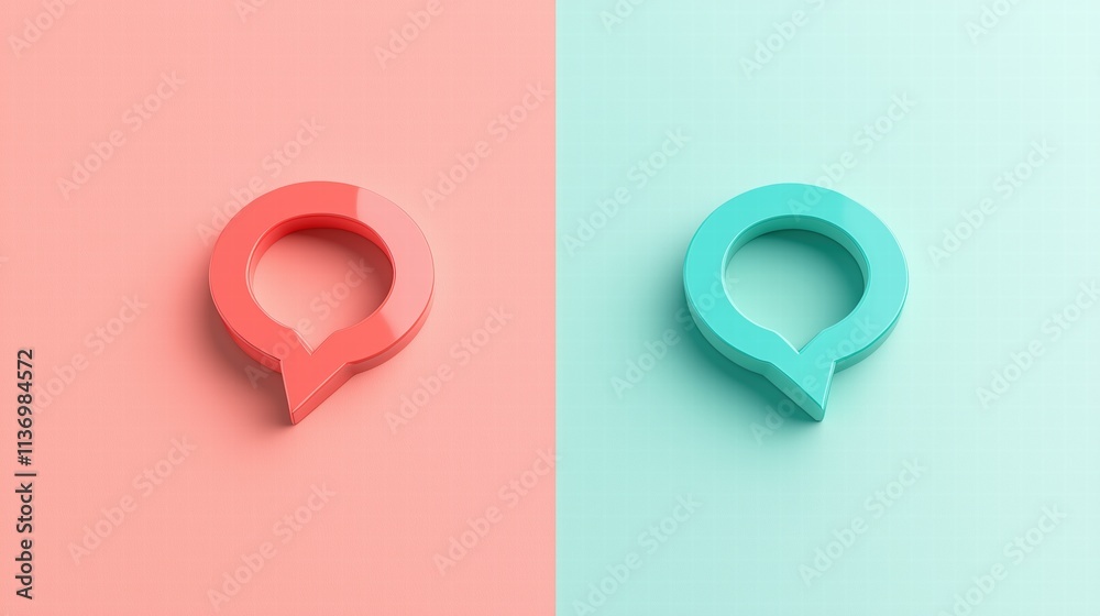 3D illustration of red and green speech bubble symbols on a divided background. Representing communication and dialogue. 3D illustration of red and green speech bubble symbols on a divided background. Representing communication and dialogue.