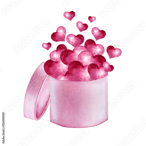 Gift box with pink hearts flying out. Watercolor illustration on isolated background. For Valentine's Day, March 8 or Wedding. Hand drawn composition for postcards, greeting cards and invitations