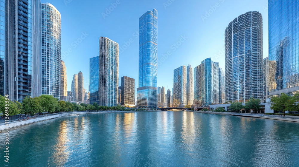 A modern urban background featuring clean-lined skyscrapers under a clear blue sky A modern urban background featuring clean-lined skyscrapers under a clear blue sky