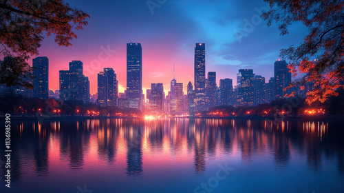 A night skyline featuring skyscrapers with illuminated windows and their reflections in a river