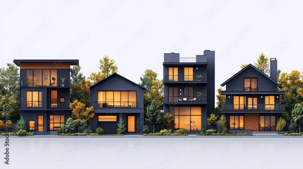 A set of minimalist black-and-white building icons for architectural projects