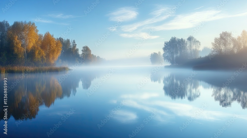 Serene autumn lake reflecting trees and sky.