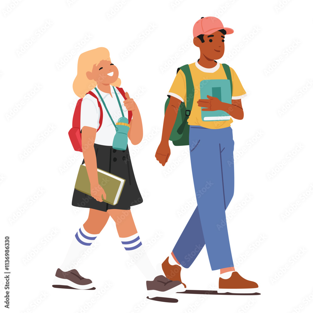 Secondary school boy and girl students cartoon character going to study isolated on white background Secondary school boy and girl students cartoon character going to study isolated on white background