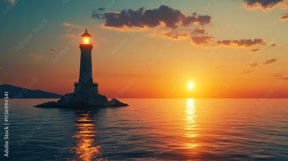 A solitary lighthouse emits a warm glow as the sun sets over still waters, casting a peaceful reflection on the sea. A tranquil and serene scene ideal for relaxation or meditation themes.. AI A solitary lighthouse emits a warm glow as the sun sets over still waters, casting a peaceful reflection on the sea. A tranquil and serene scene ideal for relaxation or meditation themes.. AI