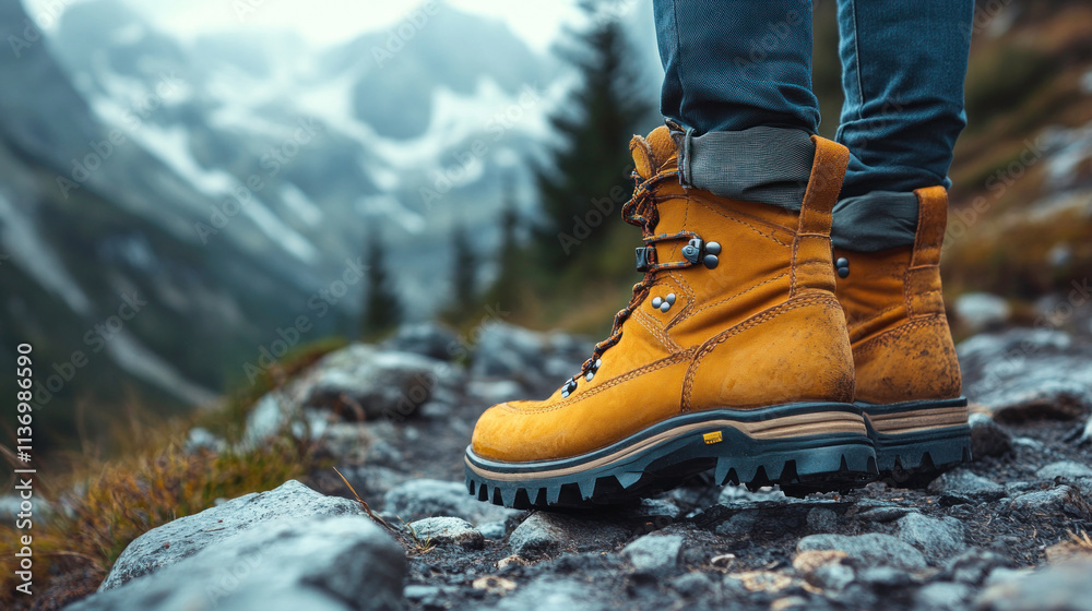Boots editorial featuring hiking boots styled with outdoor gear on a rugged mountain trail