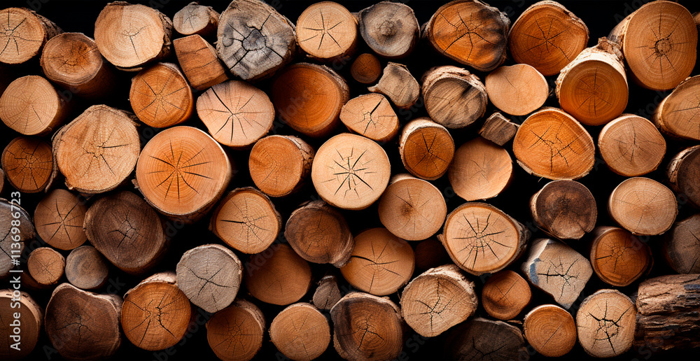 Fototapeta premium Panoramic background, wood firewood texture - AI generated image
