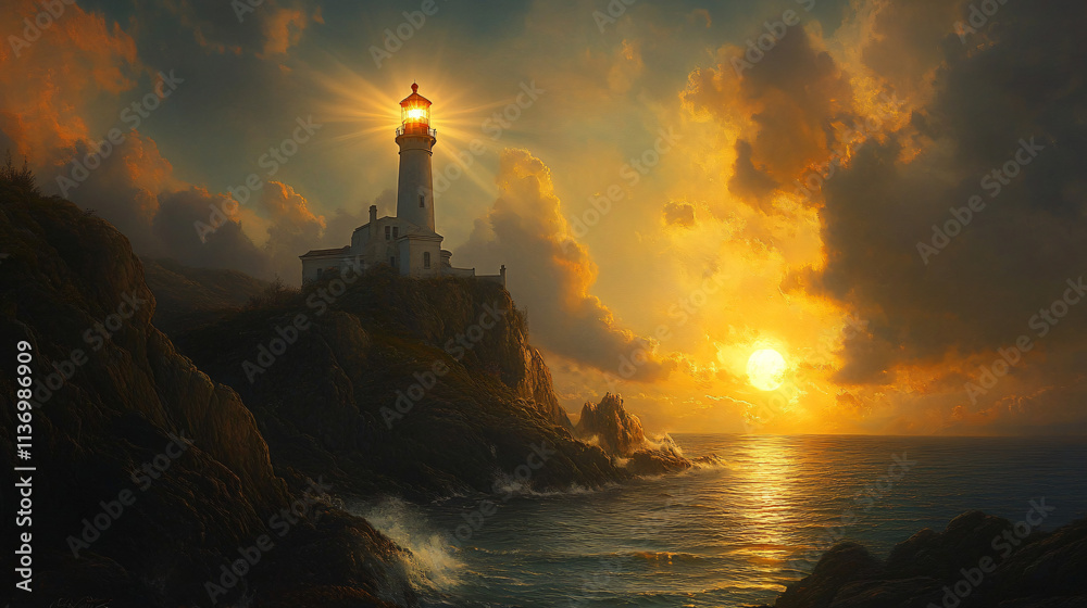 A historic lighthouse perched on a rocky outcrop, casting a bright beam over the ocean as the sun sets behind it, painting the sky in warm hues. A historic lighthouse perched on a rocky outcrop, casting a bright beam over the ocean as the sun sets behind it, painting the sky in warm hues.