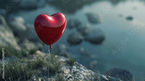 A close-up shot of a single red heart-shaped balloon tied to a silver string, gently swaying in a light breeze.