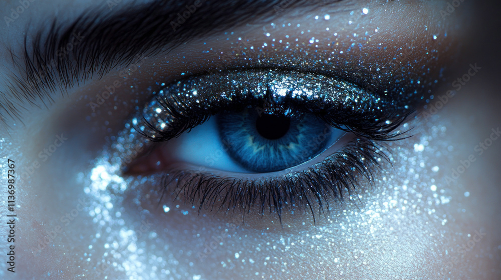 Eye shadow editorial featuring bold smoky eyes with glitter accents styled against a dark, moody backdrop Eye shadow editorial featuring bold smoky eyes with glitter accents styled against a dark, moody backdrop