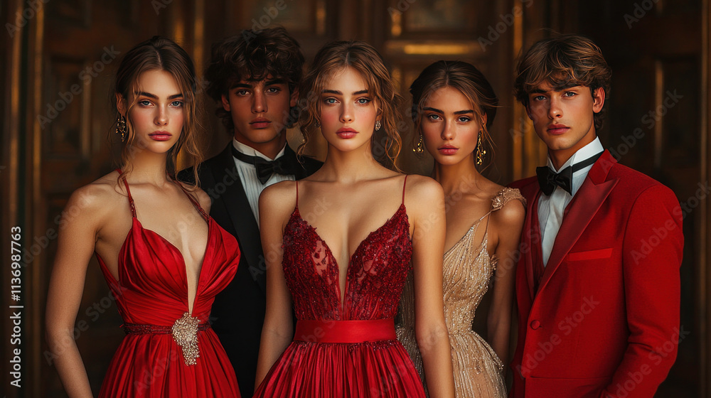 Formal wear campaign featuring elegant cocktail dresses styled at a sophisticated evening gala Formal wear campaign featuring elegant cocktail dresses styled at a sophisticated evening gala