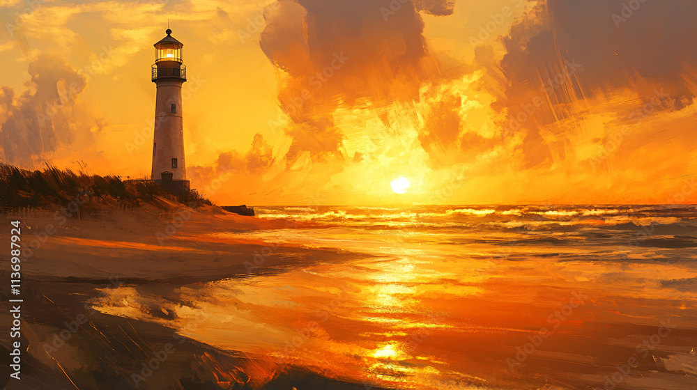 A historic lighthouse standing tall against the backdrop of a vivid golden sunset over a sandy beach. A historic lighthouse standing tall against the backdrop of a vivid golden sunset over a sandy beach.