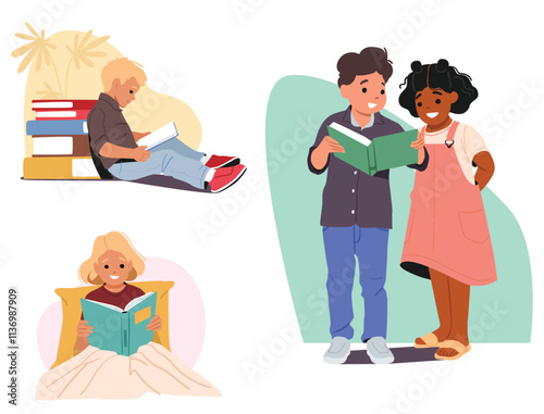 Children cartoon character reading book alone and with friend in different situation scene set