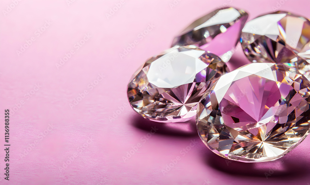 Sparkling diamonds on a pink background, close-up shot showcasing their brilliance and facets. Luxury, elegance, and precious gemstones are emphasized. Sparkling diamonds on a pink background, close-up shot showcasing their brilliance and facets. Luxury, elegance, and precious gemstones are emphasized.