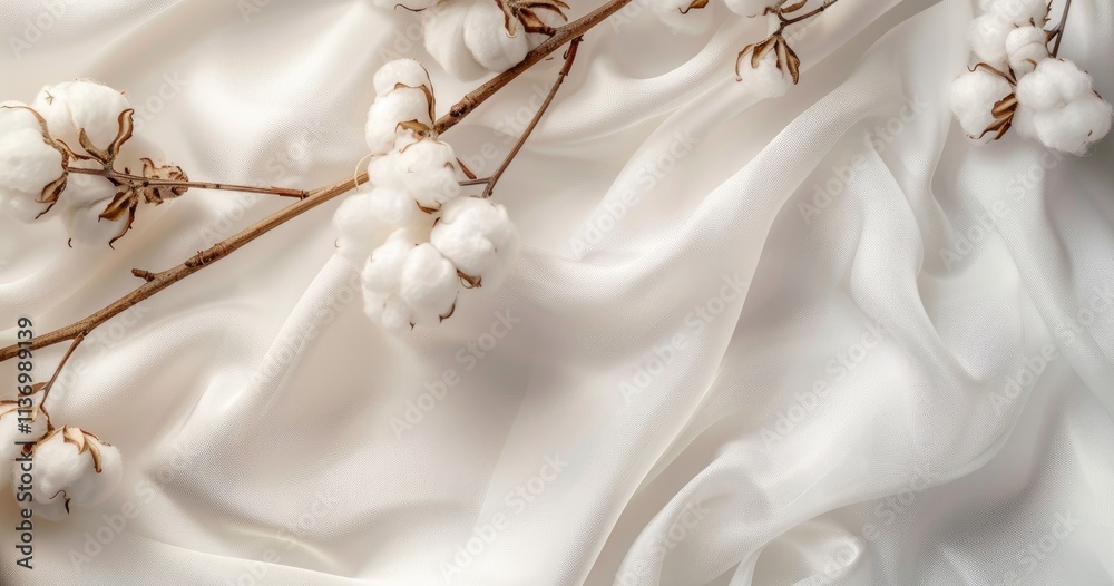 A delicate arrangement of cotton branches on soft, flowing white fabric. A delicate arrangement of cotton branches on soft, flowing white fabric.