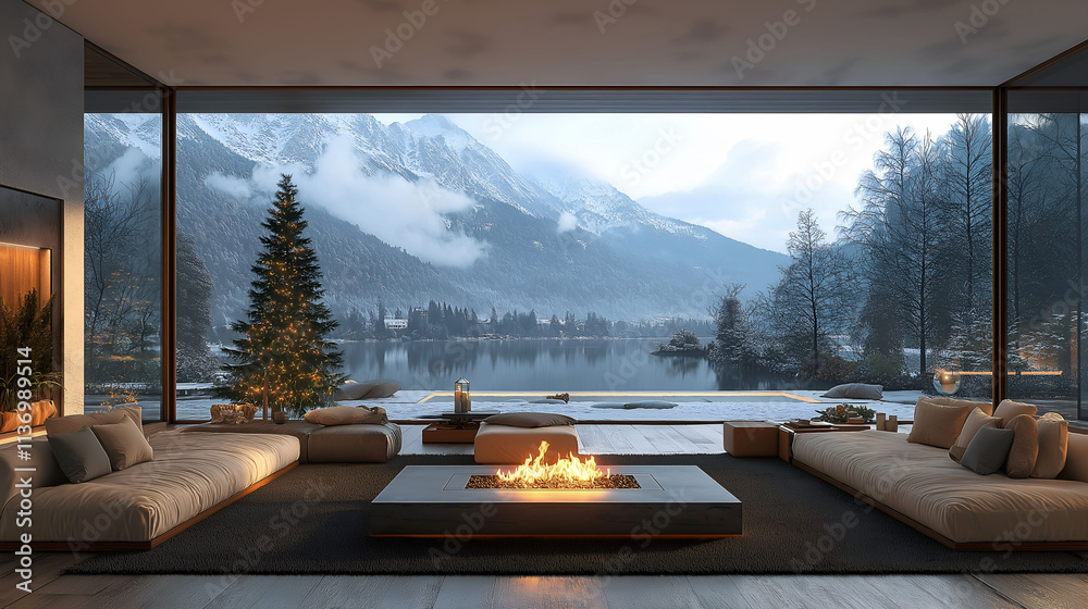 Fototapeta premium Aesthetic modern minimalist interior design with Merry Christmas tree. Panoramic windows. Winter view.