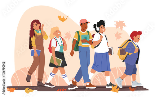 Cute schoolchildren cartoon characters going back to school together under falling autumn leaves