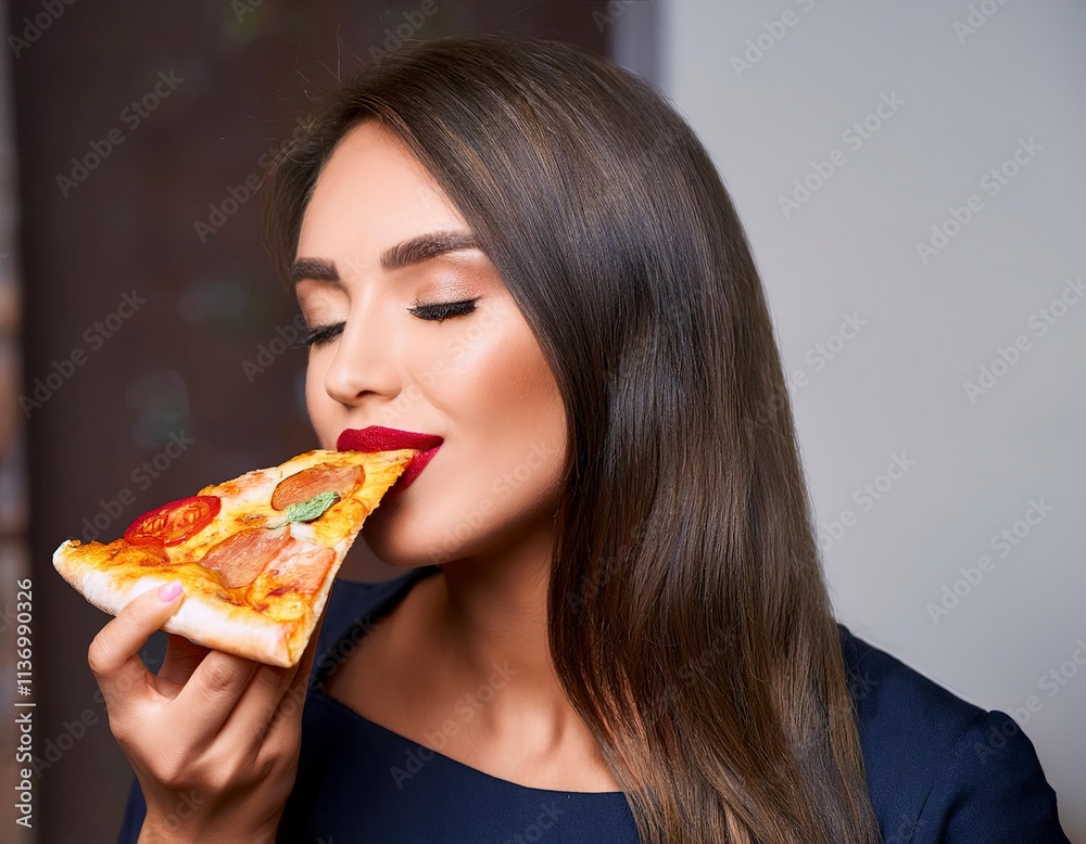 Beautiful woman eating a delicious pizza Beautiful woman eating a delicious pizza
