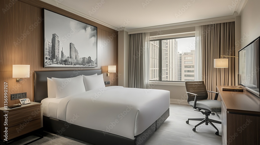Fototapeta premium Modern hotel room with king bed, city view, and workspace.