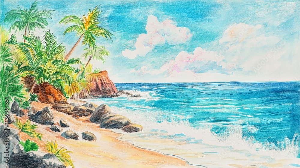 Naklejka premium Cartoon Beach Scene with Car and Palm Trees, Vibrant Colors