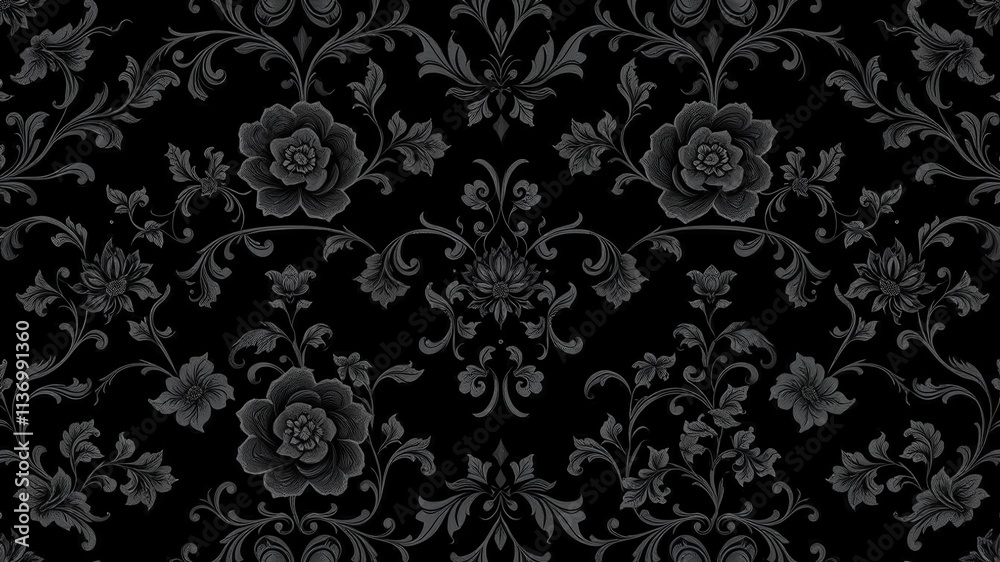 Fototapeta premium Luxurious black charcoal floral wallpaper with intricate design, design, intricate, floral