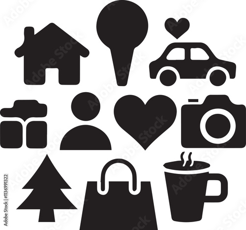 Simple Black Icons Representing Everyday Life and Social Media