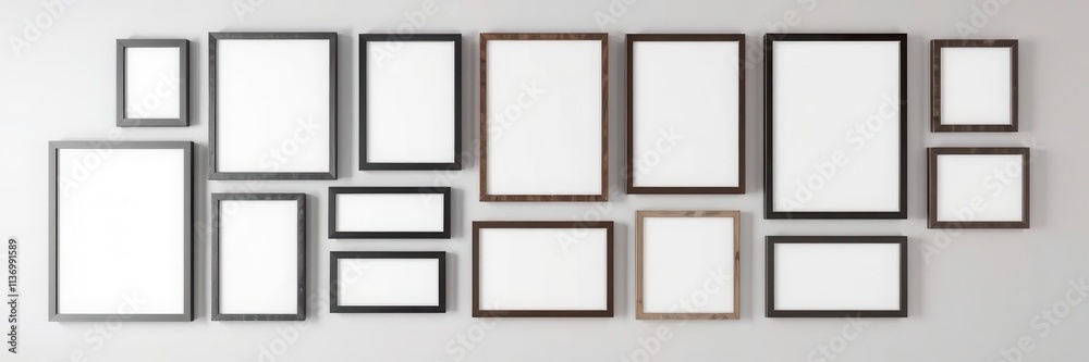 Modern home interior with a gallery wall of empty photo frames mockup, blank frames, empty frames Modern home interior with a gallery wall of empty photo frames mockup, blank frames, empty frames