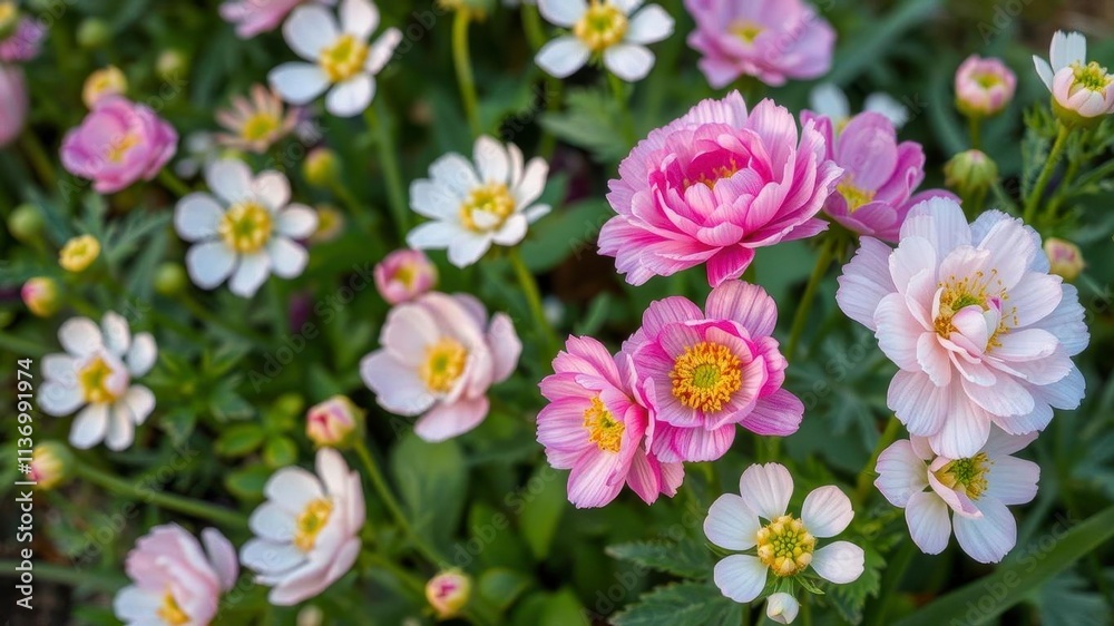 Pink and white ranunculus flowers in full bloom with delicate petals and vibrant colors, vibrant, nature, flowers Pink and white ranunculus flowers in full bloom with delicate petals and vibrant colors, vibrant, nature, flowers