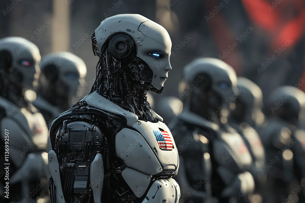 rows of advanced humanoid robots in metallic armor standing in formation with glowing blue eyes in a futuristic setting
rows of advanced humanoid robots in metallic armor standing in formation with glowing blue eyes in a futuristic setting