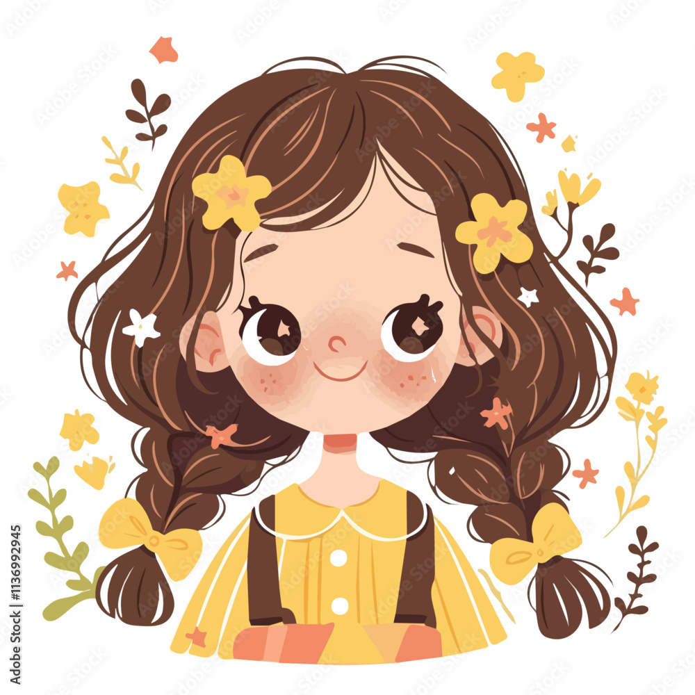 She has Boho Waves hairstyle Flat 2D cute little girl She has Boho Waves hairstyle Flat 2D cute little girl
