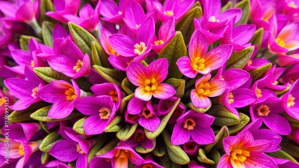 Vibrant purple flower petals and lush green leaves in a close-up shot, fresh, close-up Vibrant purple flower petals and lush green leaves in a close-up shot, fresh, close-up