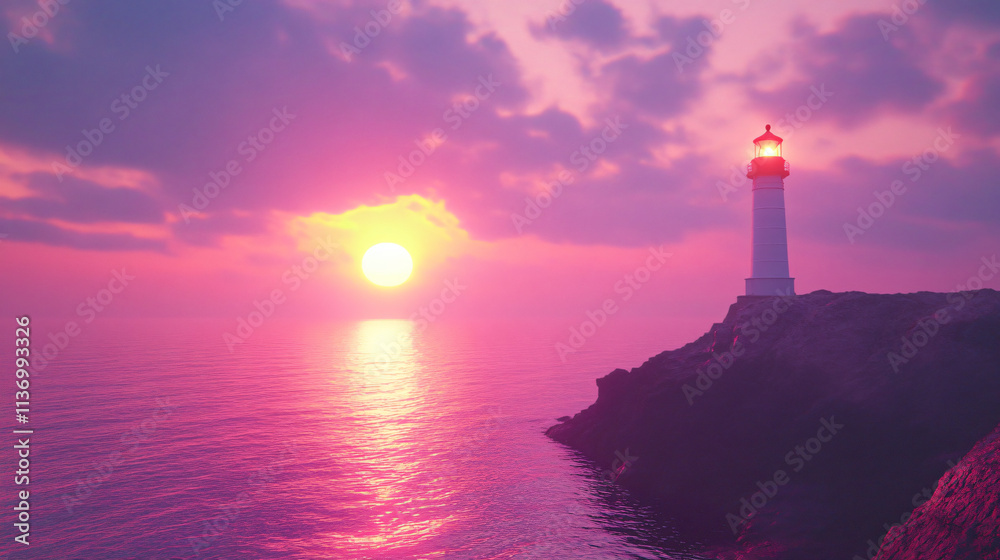 A lighthouse on a cliff, its bright light shining across the ocean, as the sun dips below the horizon, turning the sky into shades of pink and purple. A lighthouse on a cliff, its bright light shining across the ocean, as the sun dips below the horizon, turning the sky into shades of pink and purple.