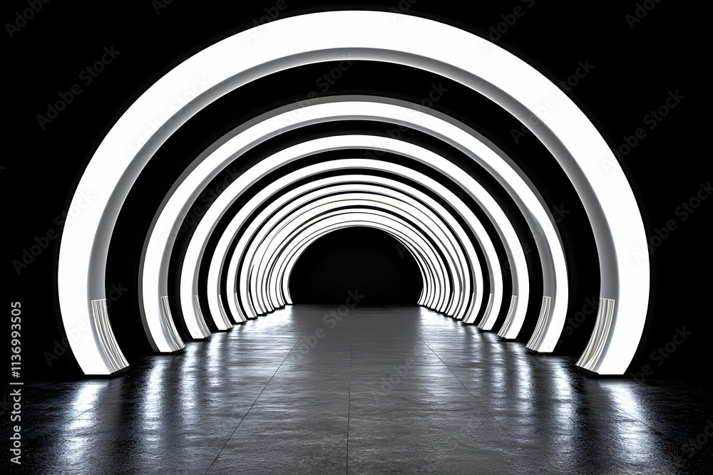 Fototapeta premium Abstract futuristic tunnel with glowing white arches, leading to a dark space. Perfect for science fiction, technology, and modern design projects.