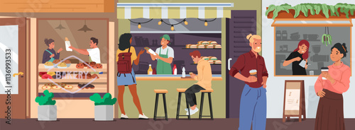 People characters visiting street bakery, coffee shop, bistro canteen vector illustration scene