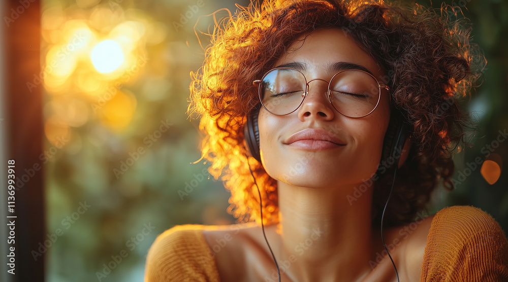 a person in their late 40's with headphones listening to music, looking thoughtful a person in their late 40's with headphones listening to music, looking thoughtful