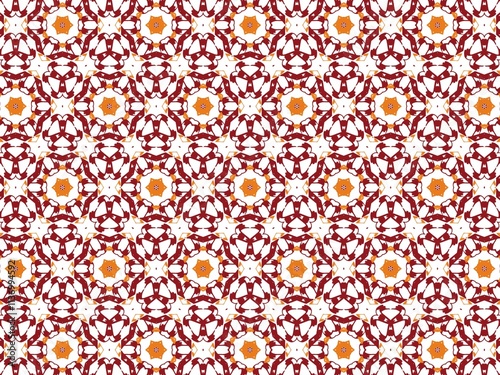 Seamless ornate pattern with red and orange floral motifs on white background.