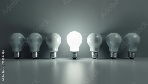 A bright light bulb illuminates surrounded by dim, symbolic of creativity and innovation.

 photo