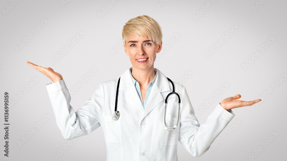 Choice, health care and treatment concept. Friendly adult female doctor in white coat spreads arms to the sides, weighs empty space in her hands, isolated on gray background, studio shot Choice, health care and treatment concept. Friendly adult female doctor in white coat spreads arms to the sides, weighs empty space in her hands, isolated on gray background, studio shot